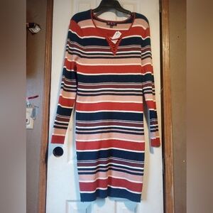 NYC Striped Long Sleeve Ribbed Dress in Red, Navy & Blush Pink
